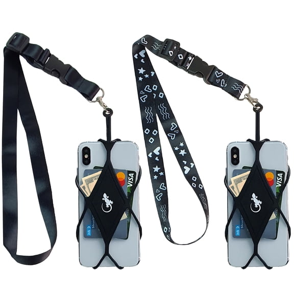 Cell Phone Holder for Walking with Universal Lanyard Phone Case for Most Smartphones by Gecko Travel Tech (x2 Pack - Black & Shapes - 2x Neck - 2x Black Diamond)