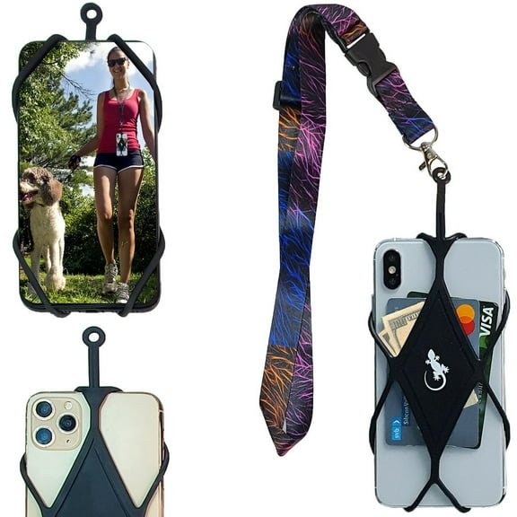 Cell Phone Holder for Walking with Universal Lanyard Phone Case for Most Smartphones by Gecko Travel Tech (Color FIRE Neck - Black Diamond)