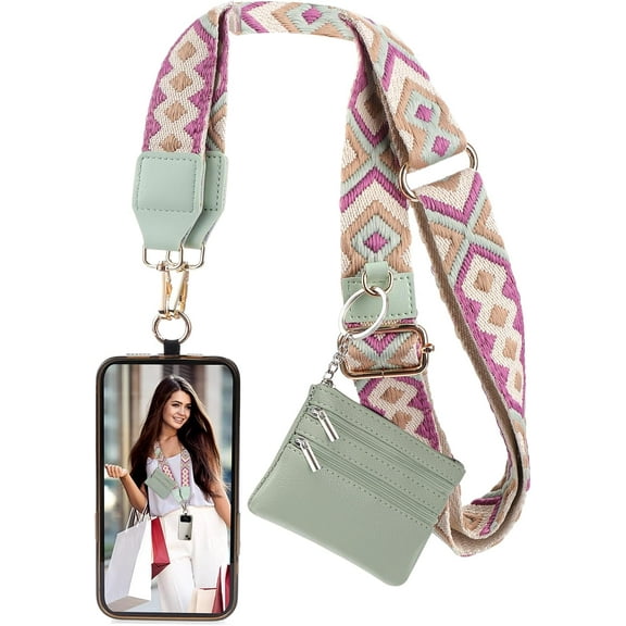 Cell Phone Lanyard Crossbody, Adjustable Cell Phone Lanyard Strap with Detachable Wristlet, Clip and Go Phone Strap with Zippered Wallet