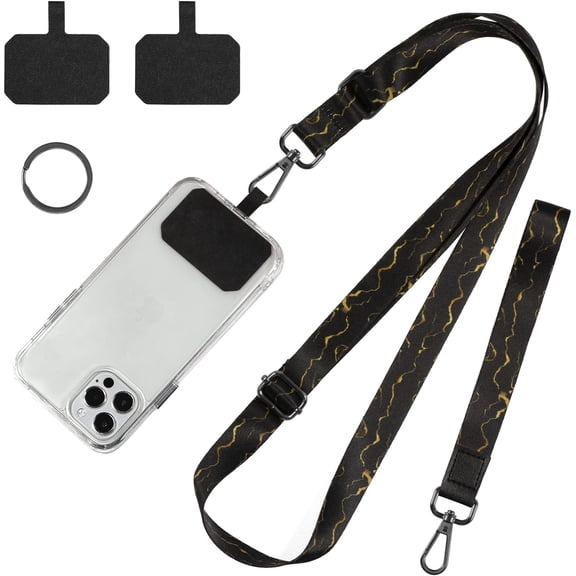 Cell Phone Lanyard, Wrist Lanyard for Keys, Adjustable Crossbody Shoulder Neck Strap with Phone Tether Tabs Universal Lanyards for ID Badges, Card Holder, Most Smartphones (Black Gold)