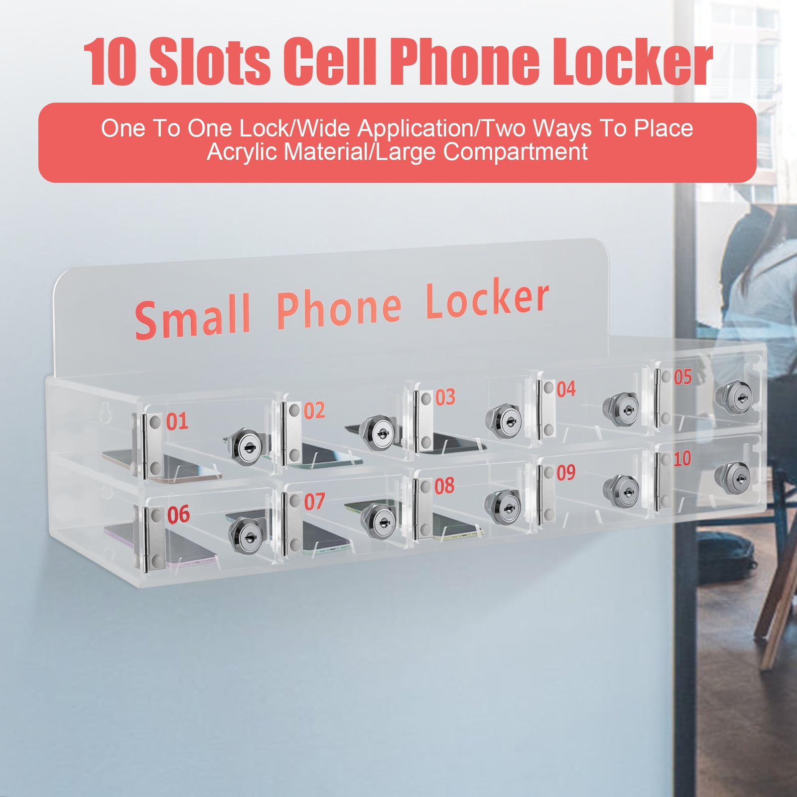 Cell Phone Locker Box Clear Cell Phone Storage Acrylic Cell Phone Lock Box with Door Locks and Keys Wall Mounted Cell Phones Storage Cabinet for Office School Classroom Factory (12 Slots)