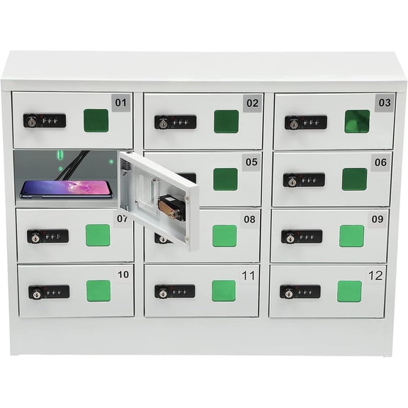 Cell Phone Locker for Classroom, 12-Slot Cold-Rolled Steel Cell Phone Lockers with QC3.0 Fast Charging, Combination & Key Locks for Schools Office