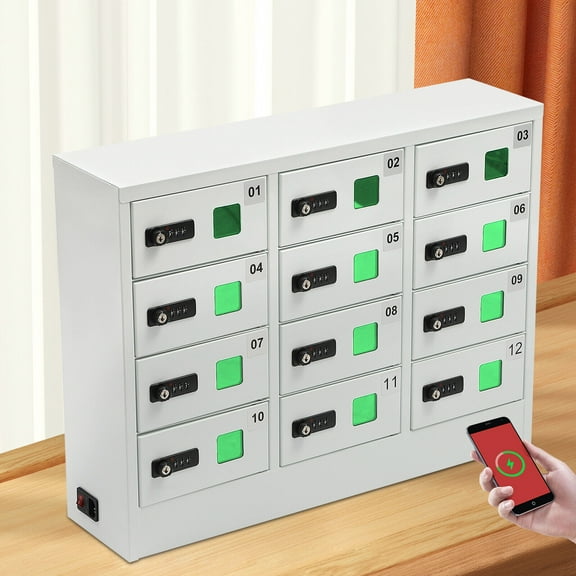 Cell Phone Locker for Classroom, 12-Slot Cold-Rolled Steel Cell Phone Lockers with QC3.0 Fast Charging, Combination & Key Locks for Schools Office
