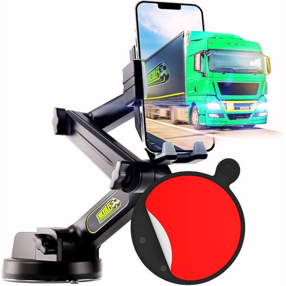 Cell Phone Mount for Truck Phone Holder for Truck Drivers - Heavy Duty Suction Cup + Dashboard Pad, iPhone Holder for Dashboard Window 16.9 inch Long, for iPhone & Samsung, Commercial Trucker, Gray