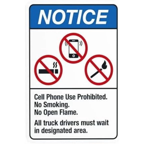 Cell Phone Prohibited No Smoking No Open Flame Warning,Truck Security Metal Signs for Busines Home Road Yard Garage Street Wall Caution Decor 8 x 12 Inch