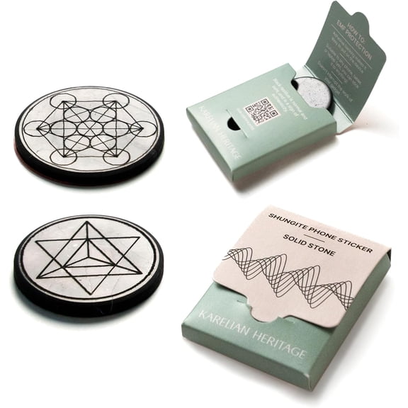 Cell Phone Protection Blocker Shungite Stickers 2 pcs Merkaba & Metatron Sacred Symbol Engraved | Round Sticker Plates for Gadget Smartphone Laptop | Polished Shungite Stone Plates S583
