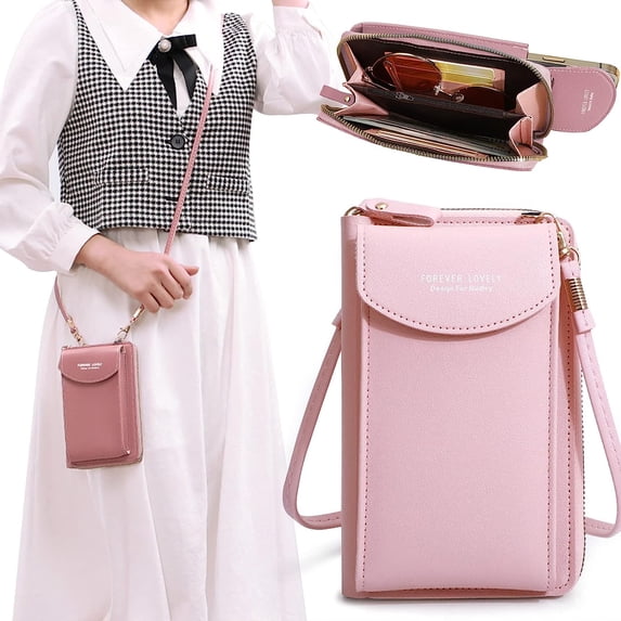 Cell Phone Purse Crossbody Case Compatible with iPhone 14 Pro Max 13 Pro 12 S23 Ultra S22, PU Leather Small Phone Purse Crossbody Strap Bag for Women, Universal Wallet Phone Holder Mini Handbag-Pink