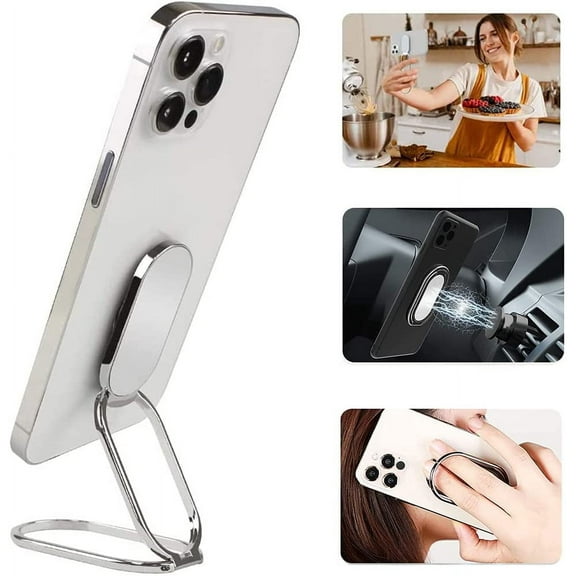 Cell Phone Ring Holder Finger Kickstand, Foldable 360 Rotation Cellphone Stand for Desk, Office Desktop, Magnetic Car Mount, Metal Multi-Angle for Phone Back Grip (Silver)