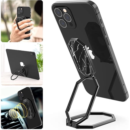 Cell Phone Ring Holder Finger Kickstand, Sherry Foldable Phone Ring Stand 360° Rotation Metal Back Grip Holder Work with Magnetic Car Mount, Compatible with iPhone Samsung Tablets (Marble Black)
