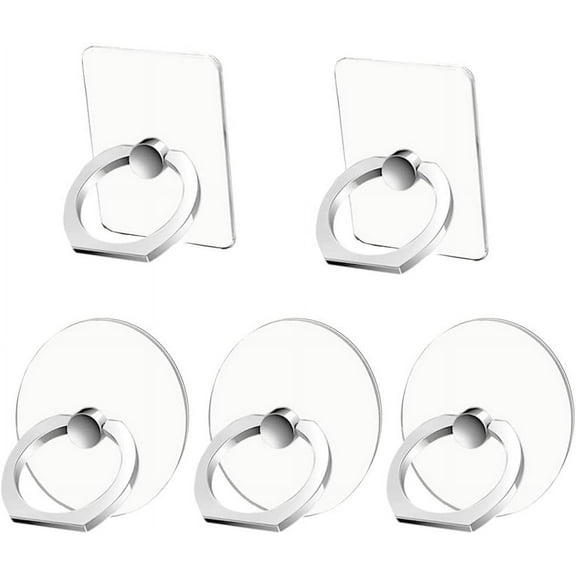Cell Phone Ring Holder Stand 5 Pack Silver, Transparent Phone Ring Holder Finger Kickstand 360 Rotation, Clear Phone Ring Grip Compatible with Various Mobile Phones and Tablet