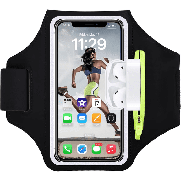 Cell Phone Running Armband with Zipper Pocket Armband Case Running Holder for iPhone 16 Pro Max/15/14 Pro Max/13/12 /11 Pro Max/XS/XR,Galaxy S20 S10,Sweatproof Arm Band with Card/Key Bag