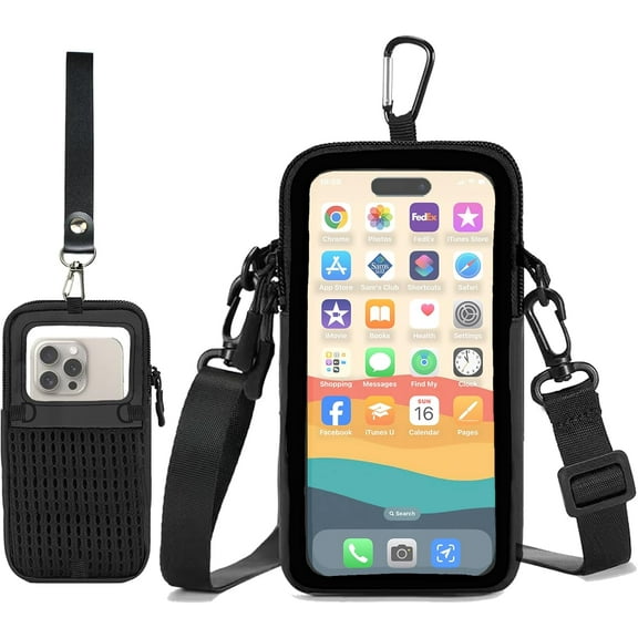 Cell Phone Sleeve Pouch Case Bag with Adjustable Crossbody Strap and Wrist Strap, Touchscreen-Friendly Clear Purse Carabiner for Men Women (Clear Black- A)