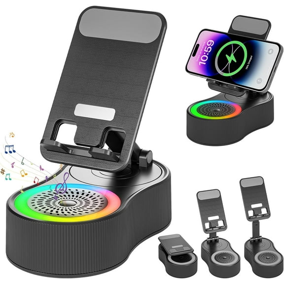 Cell Phone Stand with Bluetooth Speaker - Wireless Bluetooth Speaker with 360° Rotatable Phone Holder, Multifunctional Adjustable Stand with Charging Compatible with Tablet for Home Desk (White)