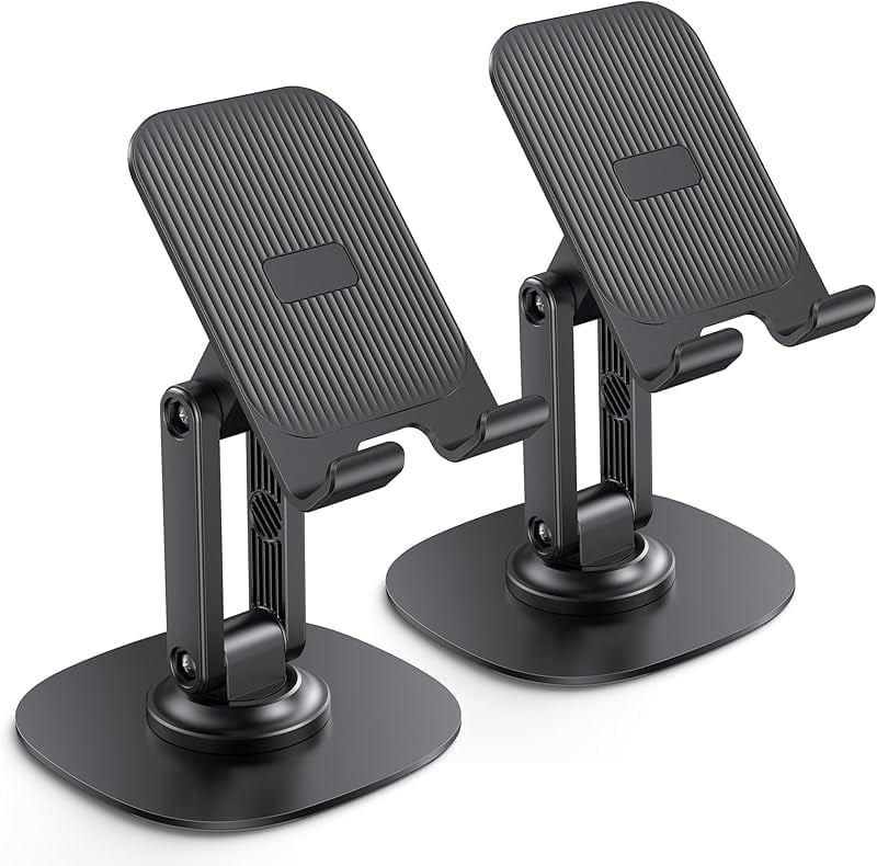 Cell Phone Stand for Desk, 2 Pack Adjustable Foldable Phone Holder, 360 Swivel Mobile Stand Fit for iPhone 16 15 14 13 12 Pro Max and All Smart Phones, Black & White