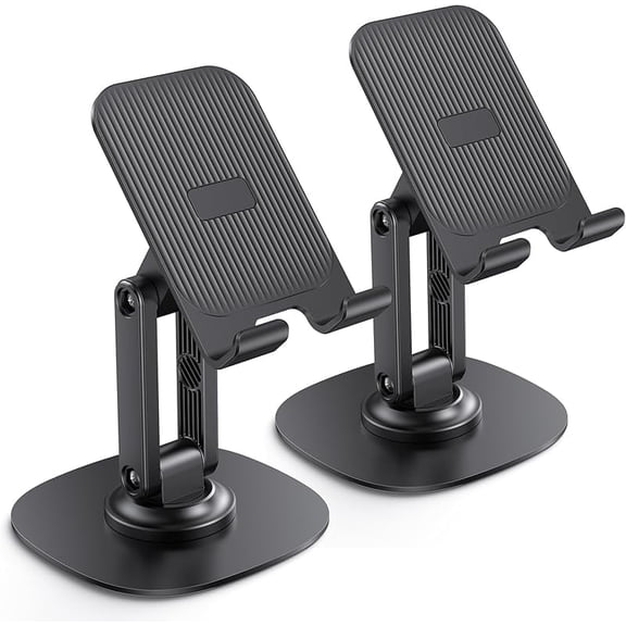 Cell Phone Stand for Desk, 2 Pack Adjustable Foldable Phone Holder, 360 Swivel Mobile Stand Fit for iPhone 16 15 14 13 12 Pro Max and All Smart Phones, Black & White