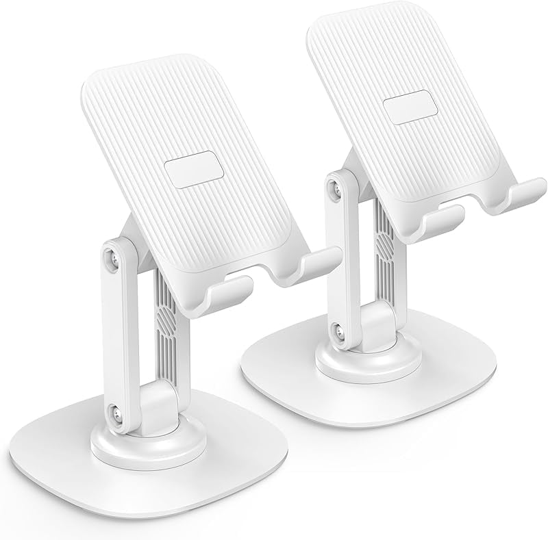 Cell Phone Stand for Desk, 2 Pack Adjustable Foldable Phone Holder, 360 Swivel Mobile Stand Fit for iPhone 16 15 14 13 12 Pro Max and All Smart Phones, Black & White