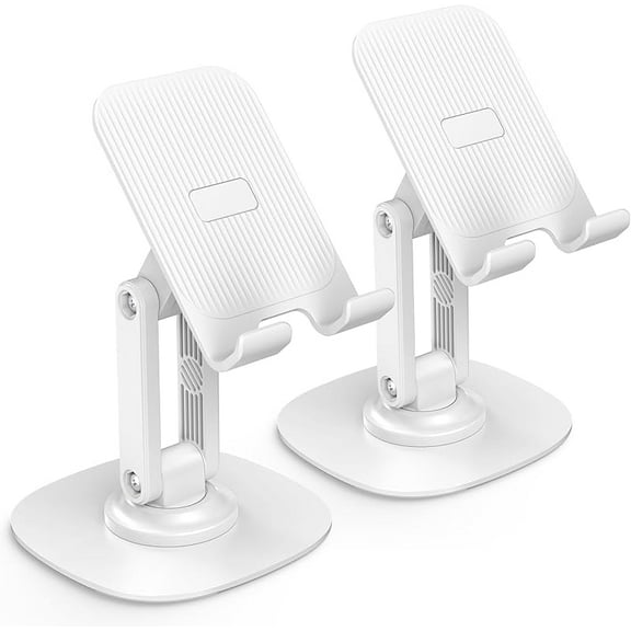 Cell Phone Stand for Desk, 2 Pack Adjustable Foldable Phone Holder, 360 Swivel Mobile Stand Fit for iPhone 16 15 14 13 12 Pro Max and All Smart Phones, Black & White