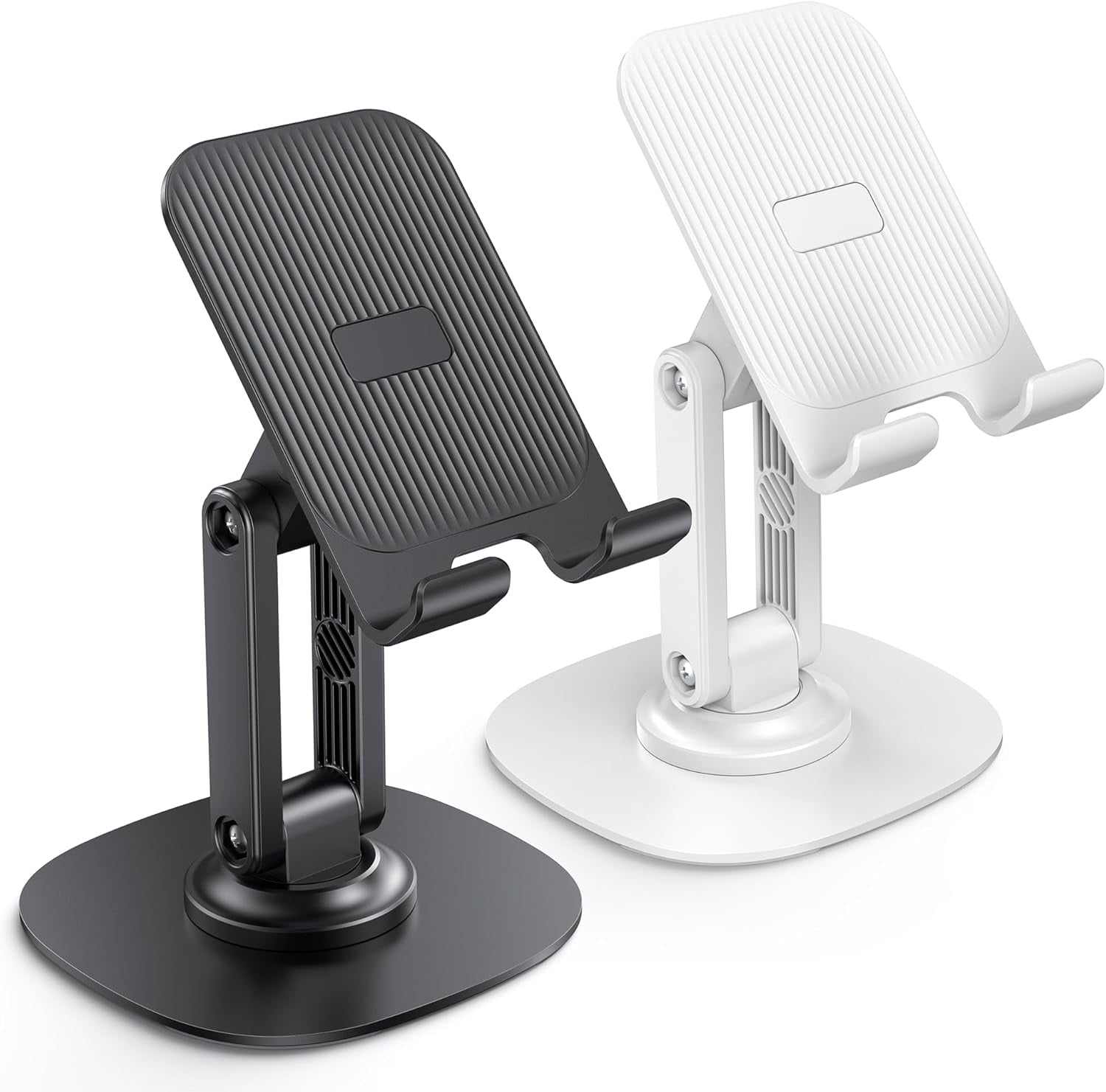Cell Phone Stand for Desk, 2 Pack Adjustable Foldable Phone Holder, 360 Swivel Mobile Stand Fit for iPhone 17 16 15 14 13 Pro Max and All Smart Phones, Black & White