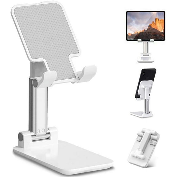 Cell Phone Stand for Desk Adjustable Angle Height Phone Holder for Office Desk, Foldable Cellphone Dock Cradle Compatible with iPhone 12 Pro 11 10 Max XS iPad Mini All 4"-12" Devices (White)