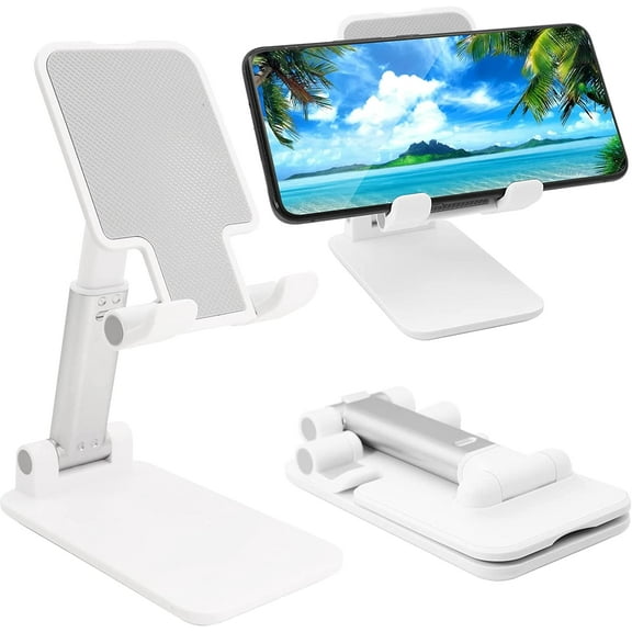 Cell Phone Stand, Folding Desktop Phone Stand, Angle Height Adjustable Mobile Phone Holder for Desk, Office, Tablet Stand Compatible with All Phones 4-10 Inches Cell Phone/Tablet (White)