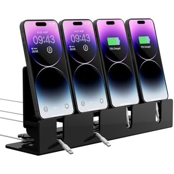 Cell Phone Stand, Multiple Phone Holder Organizer Stand for 4 Phones, Acrylic Desktop Mobile Phone Docking Station Charging Holder (Black)