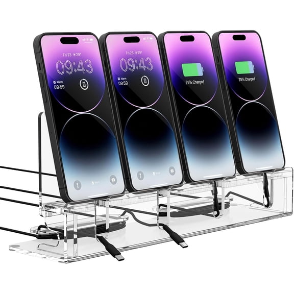 Cell Phone Stand, Multiple Phone Holder Organizer Stand for 4 Phones, Acrylic Desktop Mobile Phone Docking Station Charging Holder (Clear)