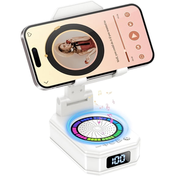 Cell Phone Stand with Speaker and Colorful LED Lights, 4-in-1 Multifunctional Phone Holder Support , Adjustable Desktop Stand for iOS Android White