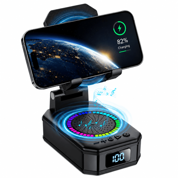 CILLSO Wireless Charging Phone Stand with Bluetooth Speaker, Gifts for Men Women, Foldable Desktop Phone Holder with LED Battery Display, HD Sound & Anti-Slip Base, 5-in-1 Tech Gadget