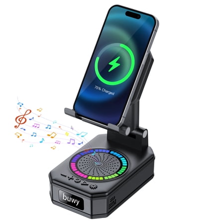 Cillso Wireless Charging Phone Stand with Bluetooth Speaker, Gifts for Men Women, Foldable Desktop Phone Holder with LED Battery Display, HD Sound & Anti-Slip Base, 5-in-1 Tech Gadget