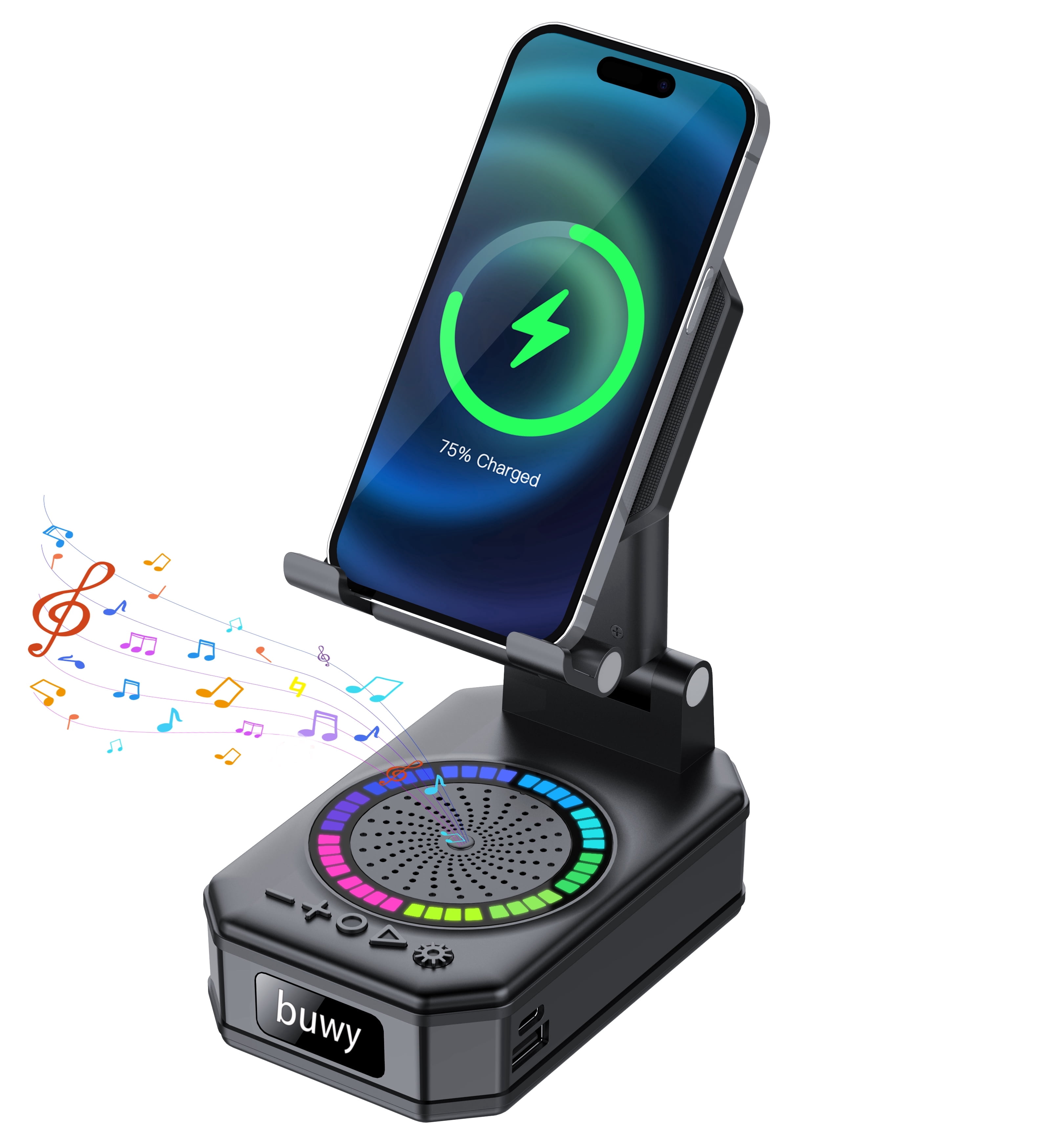 CILLSO Wireless Charging Phone Stand with Bluetooth Speaker, Gifts for Men Women, Foldable Desktop Phone Holder with LED Battery Display, HD Sound & Anti-Slip Base, 5-in-1 Tech Gadget
