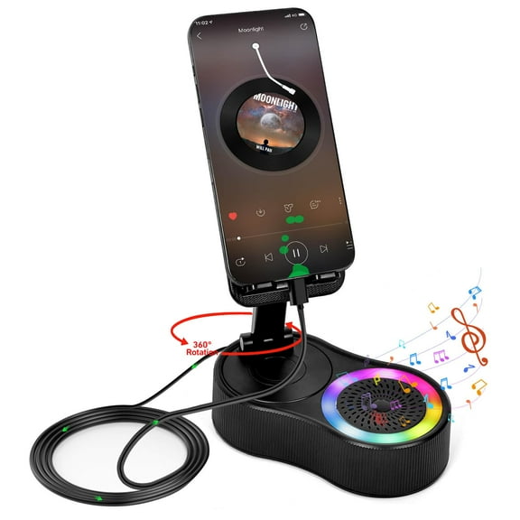 Cell Phone Stand with Wireless Bluetooth Speaker & Anti-Slip Base HD Surround Sound Adjustable Foldable Holder for iPhone iPad Samsung Galaxy Perfect for Home - Black