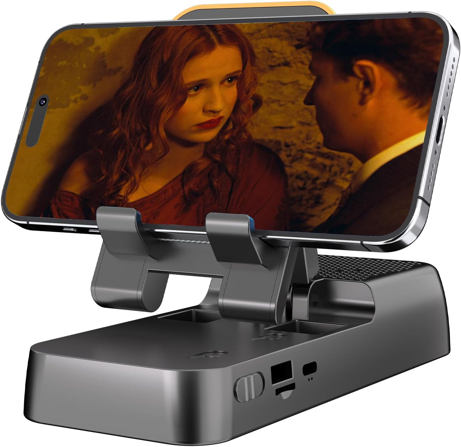 Cell Phone Stand with Wireless Bluetooth Speaker,Loud with bass Phone Speaker Amplifier, Foldable Adjustable Desk Kitchen Bracket Sturdy Stable Holder for iPhone ipad Tablet Android-Black