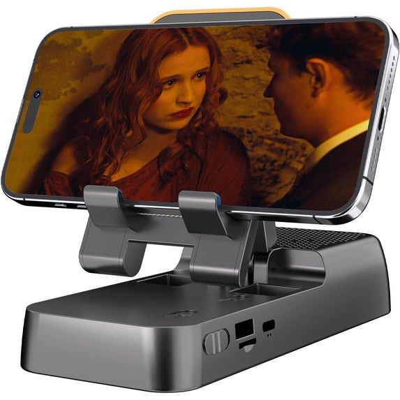 Cell Phone Stand with Wireless Bluetooth Speaker,Loud with bass Phone Speaker Amplifier, Foldable Adjustable Desk Kitchen Bracket Sturdy Stable Holder for iPhone ipad Tablet Android-Black