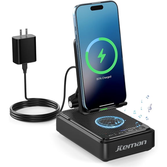 Cell Phone Stand with Bluetooth Speaker and Wireless Charger, Desktop Charging Station for iPhone, Christmas Birthday Gift Men Women (Black)