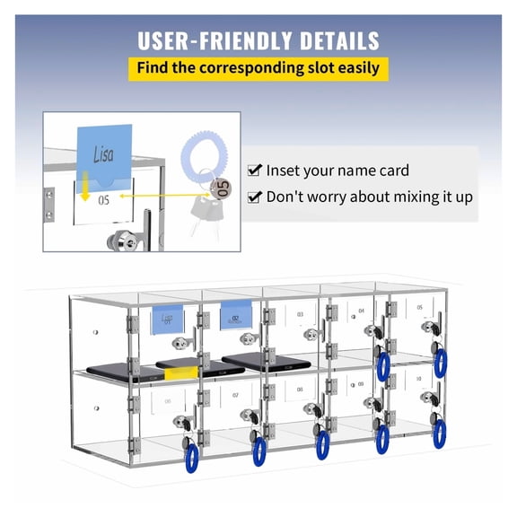 Cell Phone Storage Locker, 10 Slots Acrylic Wall Mount Box with Locks & Keys, Clear Mobile Phone Cabinet for School, Office, Gym, Classroom, Transparent