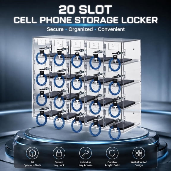 Cell Phone Storage Locker, 20-Slot Acrylic Wall Mount Cabinet with Door Locks and Keys, Clear