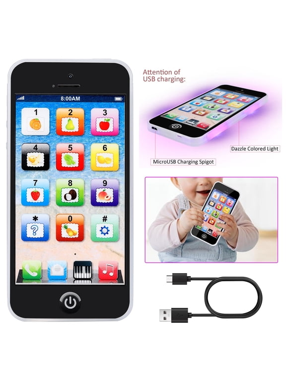 Kids Learning Play Cell Phone - Mini iPhone Style Educational Toy, 8 Interactive Features w/Lights & Music, Pretend Play & Early Learning Toy for Toddler Baby Boys Girls