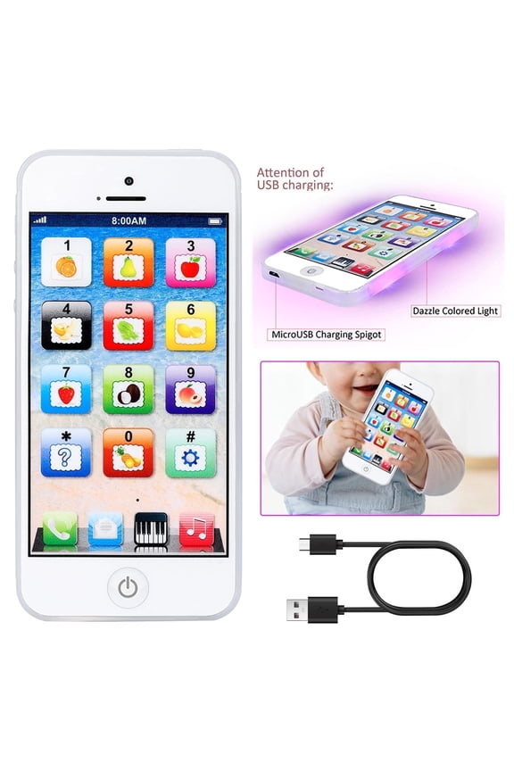 Educational Toy Phone for Toddlers Ages 2-8, Mini iPhone Style Kids Smart Phone for Boys & Girls, Interactive Light Music Rechargeable Tiny Phone, Early Learning Pretend Play Cellphone (White)