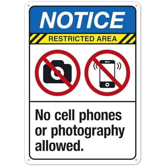 No Cell Phones Or Photography Allowed Sign, ANSI Notice Sign Signs Metal Sign NO.28291 Metal Tin Sign 8x12 Inch - Clear Warning for Home & Business Use