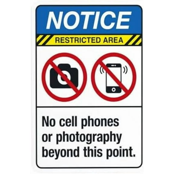 No Cell Phones Or Photography Beyond This Point Warning Sign, Metal Signs for Business Home Outdoor Indoor Road Yard Street Wall Caution Custom Decor 8 x 12 Inch