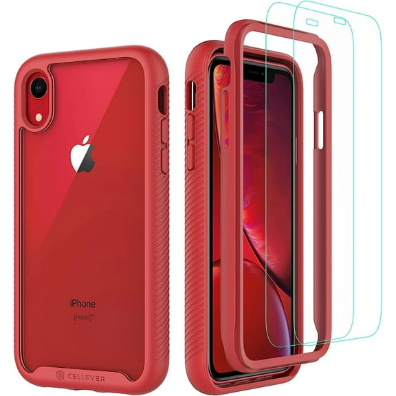 CellEver Clear Full Body Case for iPhone XR, Heavy Duty Protection TPU Bumper [2 Tempered 9H Glass Screen Protectors] Transparent Cover (Red)