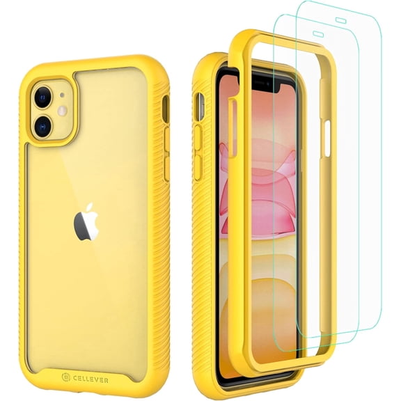 CellEver Clear Full Body Case for iPhone 11, Heavy Duty Protection with Anti-Slip TPU Bumper and [2 Tempered 9H Glass Screen Protectors] Shockproof Transparent Phone Cover 6.1 Inch (Yellow)