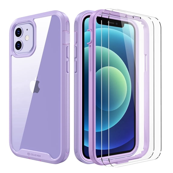 CellEver Compatible with iPhone 12 Case and iPhone 12 Pro Case, Clear Full Body Heavy Duty Protective Anti-Slip Transparent Cover (2X Glass Screen Protector Included) (6.1 inch, 2020) - Light Purple