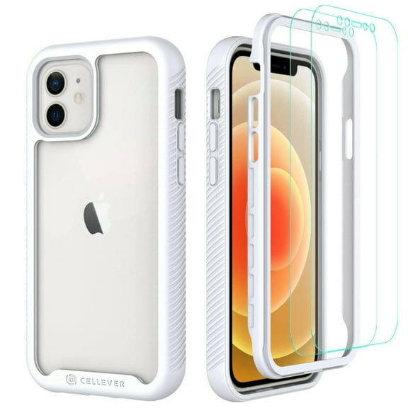 CellEver Compatible with iPhone 12 Case and iPhone 12 Pro Case, Clear Full Body Heavy Duty Protective Anti-Slip Transparent Cover (2X Glass Screen Protector Included) (6.1 inch, 2020) - White