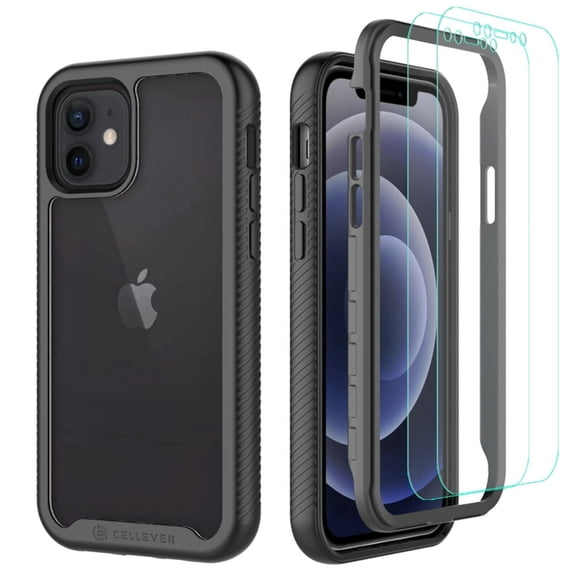 CellEver Compatible with iPhone 12 Case and iPhone 12 Pro Case, Clear Full Body Heavy Duty Protective Anti-Slip Transparent Cover (2X Glass Screen Protector Included) (6.1 inch, 2020) - Black