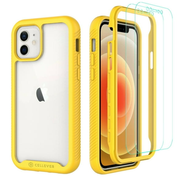 CellEver Compatible with iPhone 12 Case and iPhone 12 Pro Case, Clear Full Body Heavy Duty Protective Anti-Slip Transparent Cover (2X Glass Screen Protector Included) (6.1 inch, 2020) - Yellow
