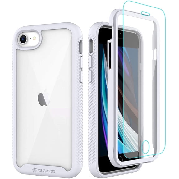 CellEver for iPhone SE 2020/7/8 Case with Screen Protector, Clear Full Body Heavy Duty Anti-Slip Cover (2X Glass Screen Protector Included) - White
