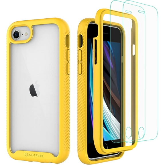 CellEver for iPhone SE 2020/7/8 Case with Screen Protector, Clear Full Body Heavy Duty Anti-Slip Cover (2X Glass Screen Protector Included) - Yellow