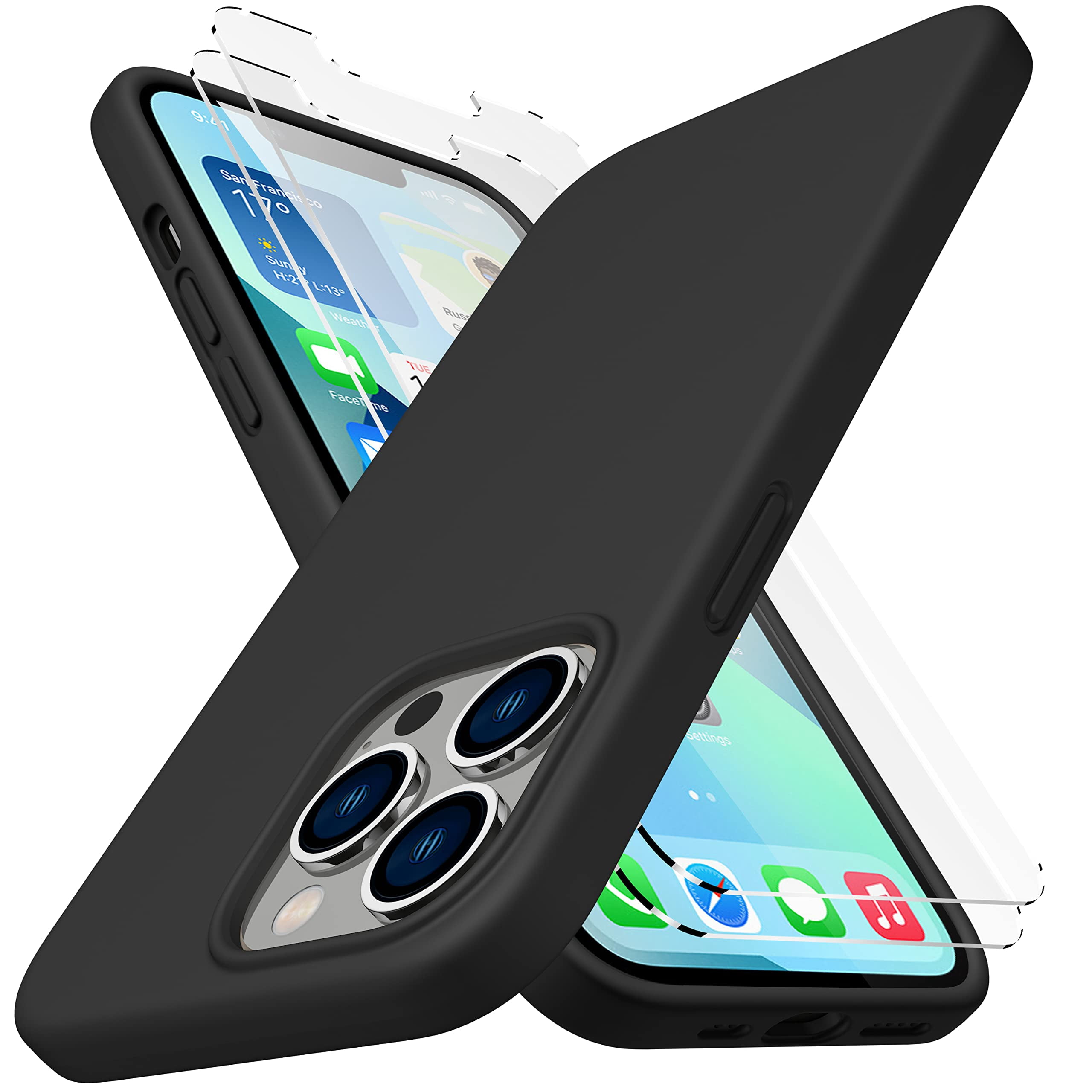 CellEver Heavy-Duty Silicone Case for iPhone 13 Pro Max - Two Shatterproof Glass Screen Protectors, Military Drop Protection, Scratch-Free Interior, Black