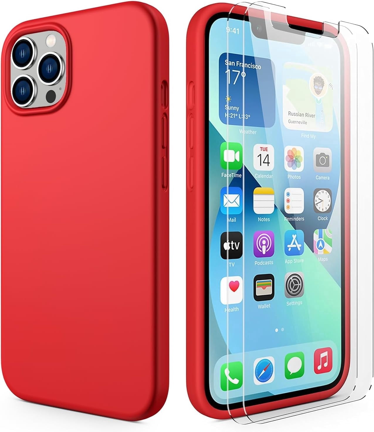CellEver Heavy-Duty Silicone Case for iPhone 13 Pro Max - Two Shatterproof Glass Screen Protectors, Military Drop Protection, Scratch-Free Interior, Bright Red